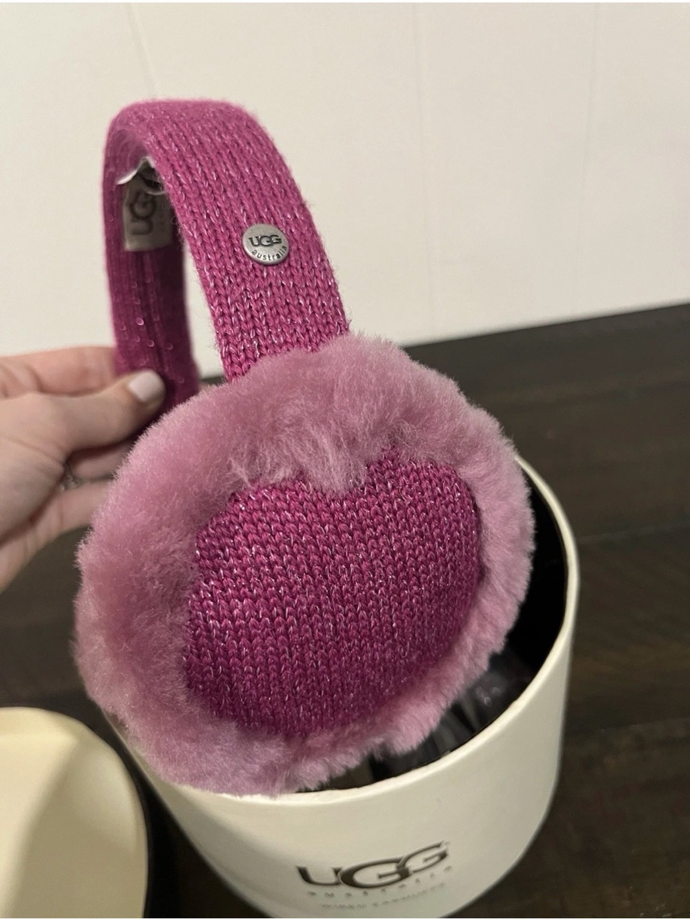 UGG Australia Pink Knit Faux Shearling Wired Earmuffs Headphones w/ Box NWB